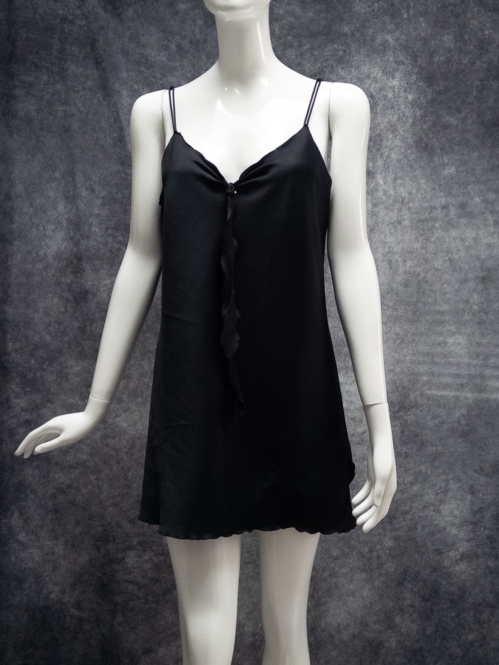 Vintage 1970s Miss Elaine Black Satin Slip Dress, Lettuce Detail, Sz L, ILGWU